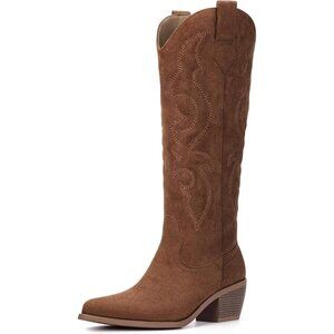 Women's Brown Cowboy Boots for Wide High Western Calf Rhinestone Knee Tall Boots